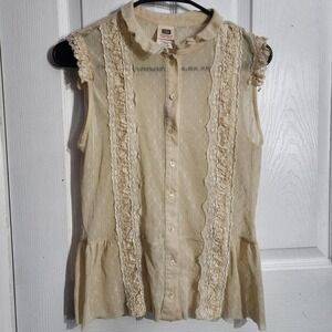 Vintage Cream Sheer Lace Ruffle Blouse